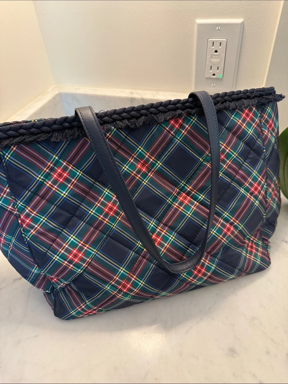Talbots Plaid Tote Bag with Braided Trim